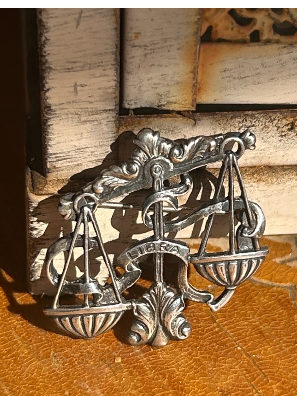 Vintage Silver Libra Zodiac Scales of Justice Brooch